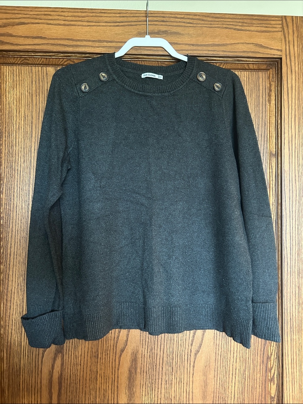Pink Clover Women's Dark Charcoal Button-Shoulder Crewneck Sweater